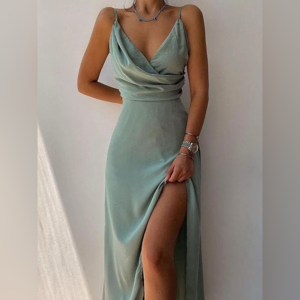 Ruched Slit Spaghetti Strap Dress